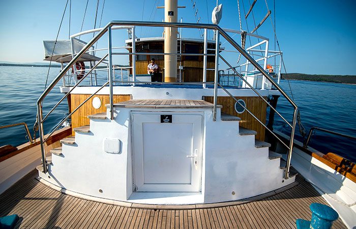 Frontal view of double-sided steps up to the upper deck of Novi Dan boat while on a Go Croatia Sail in Croatia