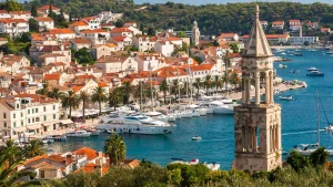 A landscape view of Hvar, Croatia during a summer sunset